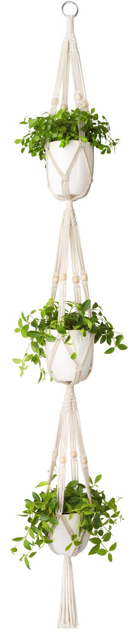 Mkono macrame 3-tier hanger with beads shown in a cozy living room setup