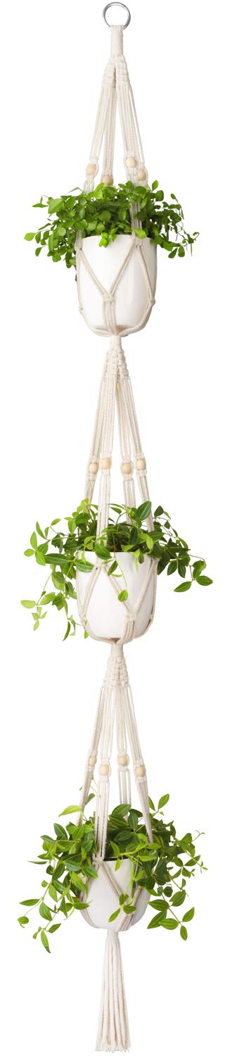 Mkono macrame 3-tier hanger with beads shown in a cozy living room setup