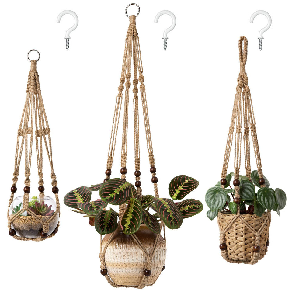 Mkono macrame plant hanger 35-inch brown displaying a tall plant with bead accents.