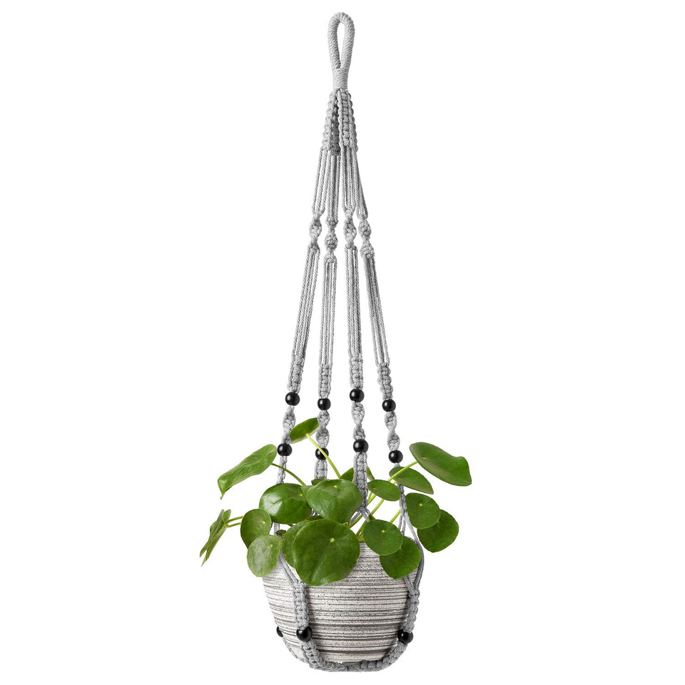 Mkono macrame plant hanger grey full view enhances modern boho decor.