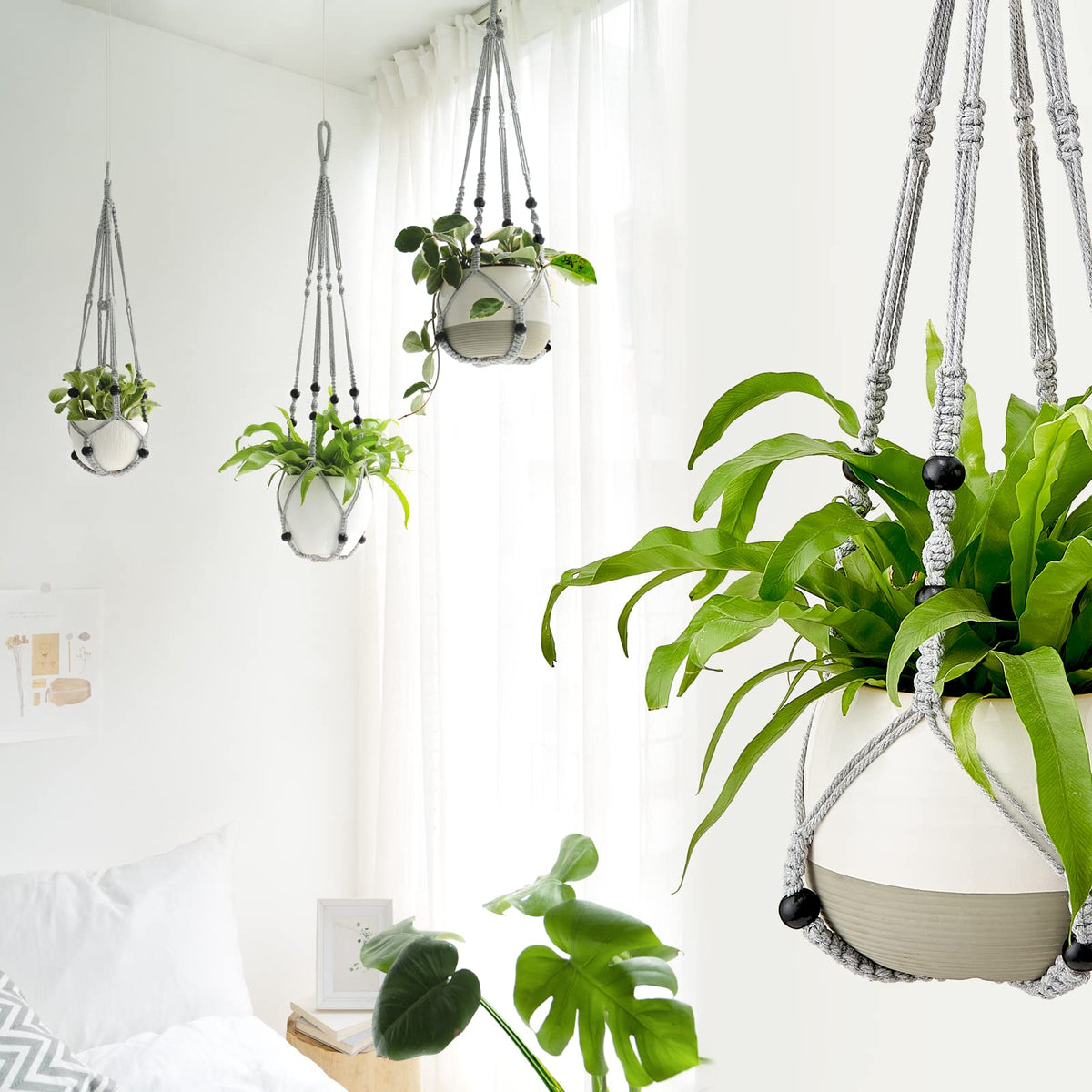 Mkono macrame plant hanger grey hanging setup ready for plant display.