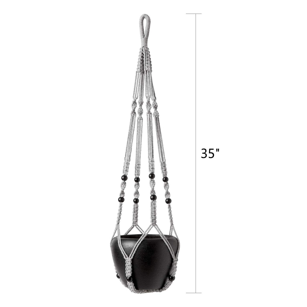 Mkono macrame plant hanger grey length shows 35 inch reach.
