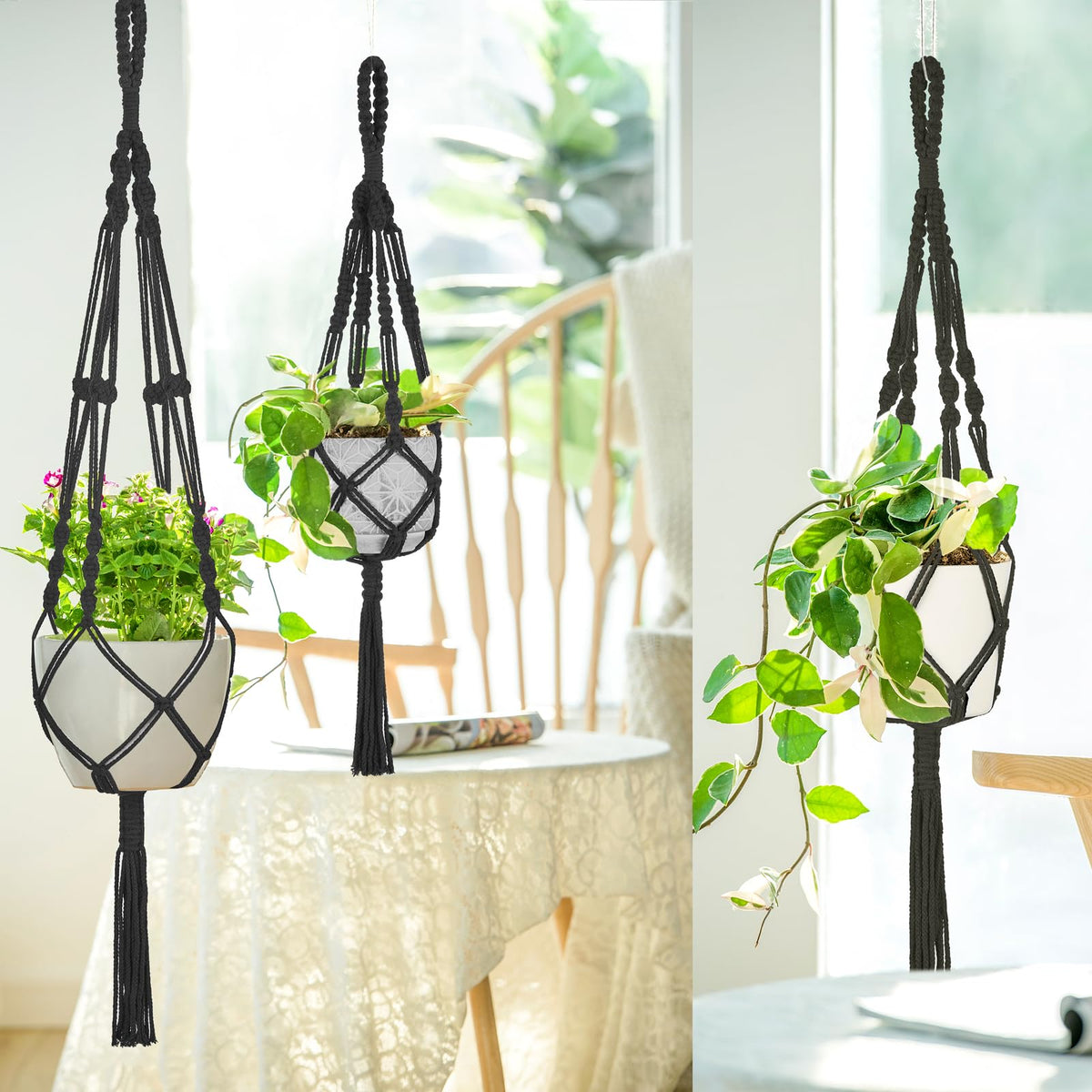 Mkono black macrame plant hanger showcasing boho style and plant elevation