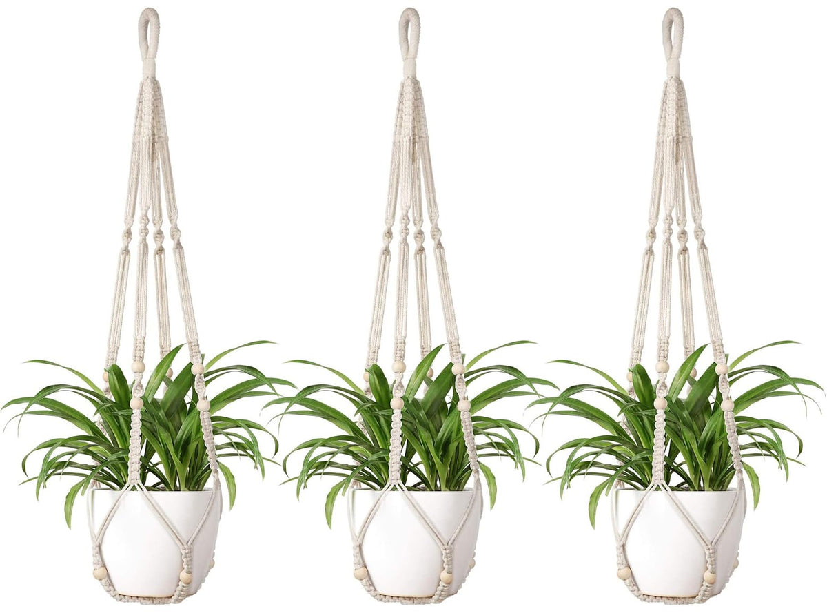 Mkono ivory macrame plant hanger, 35 inches, ideal for vertical indoor display with natural texture.