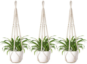 Mkono ivory macrame plant hanger, 35 inches, ideal for vertical indoor display with natural texture.