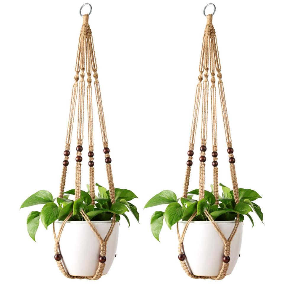 Mkono macrame plant hanger with wood beads for 35-inch display in indoor spaces