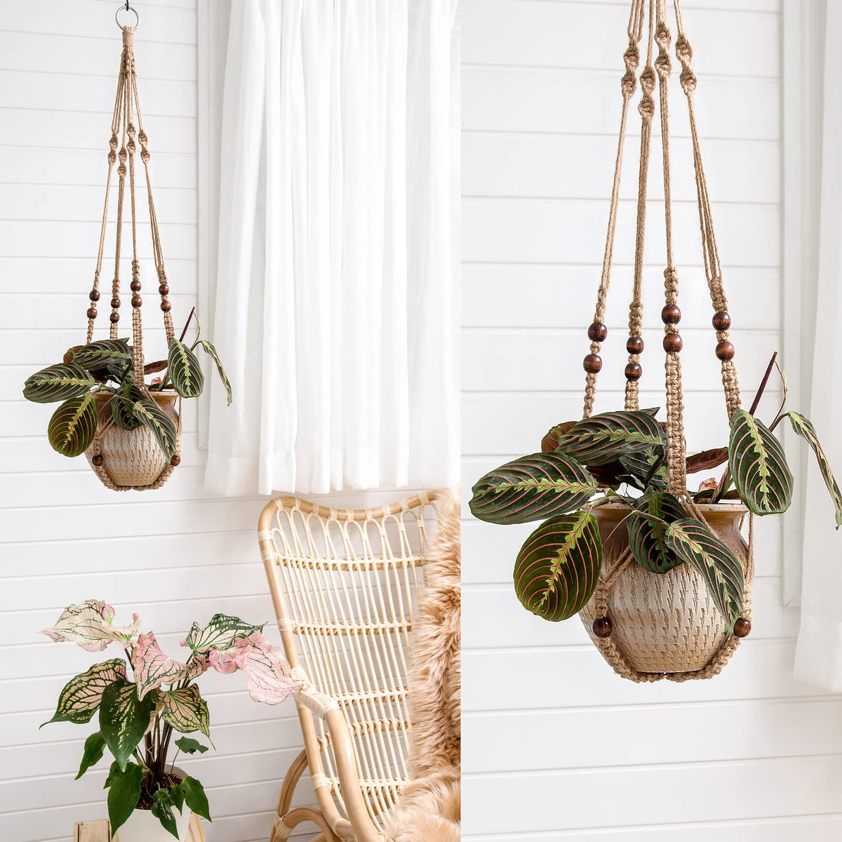 Mkono wood beads detail on macrame hanger adds boho charm to any pot
