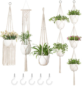 Mkono macrame plant hangers 5-pack ivory tiers for stylish indoor displays.