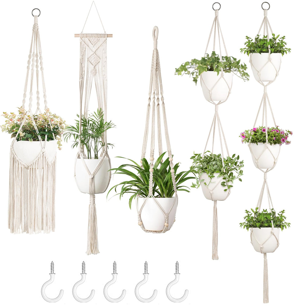 Mkono macrame plant hangers 5-pack ivory tiers for stylish indoor displays.