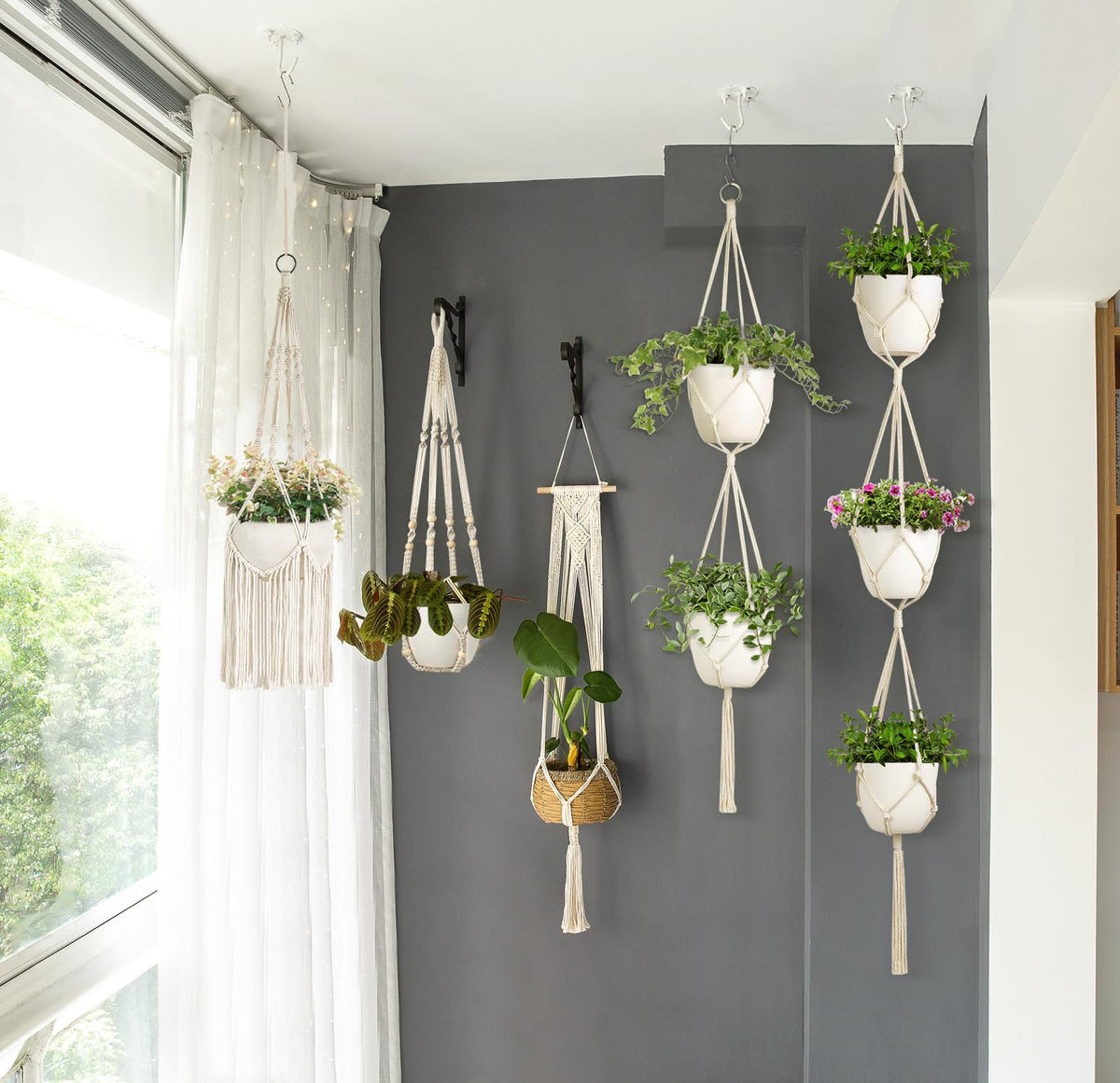 Mkono macrame plant hangers indoors/outdoors ideal for balcony or living room.