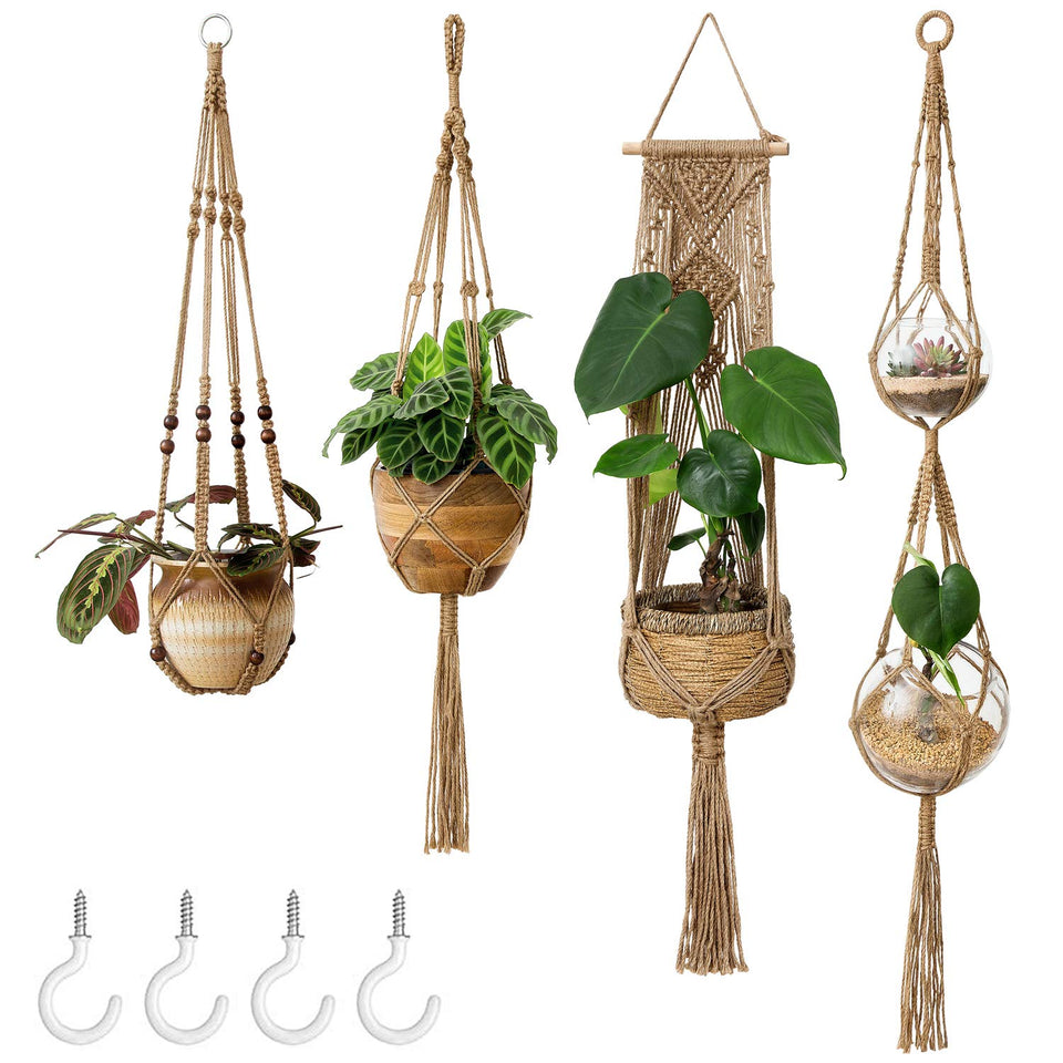 Mkono macrame plant hangers set of 4 for chic indoor wall display.