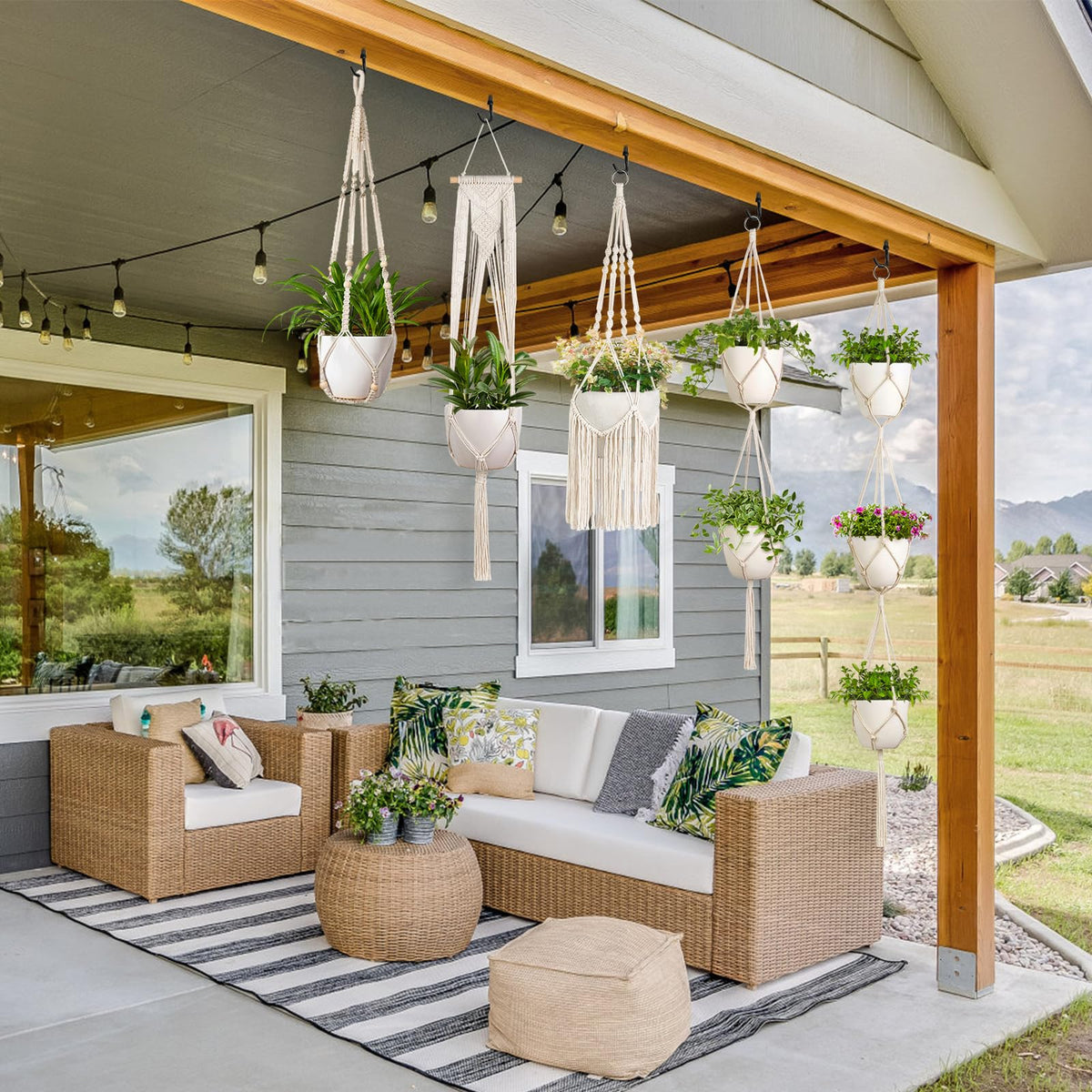 Mkono macrame plant hangers accommodate various pot sizes for versatile displays.