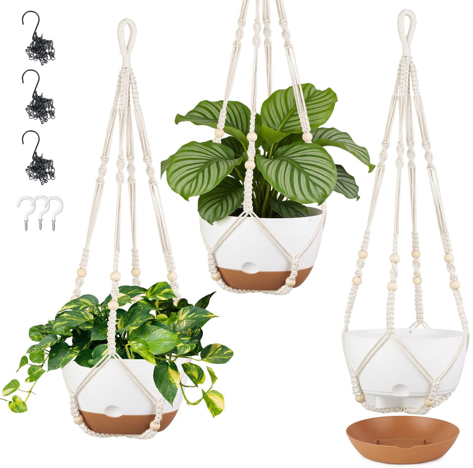 Mkono self-watering hanging planter with macrame hanger keeping indoor plants hydrated.