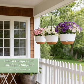 Mkono weather-resistant metal hanger supports outdoor plant displays year-round.