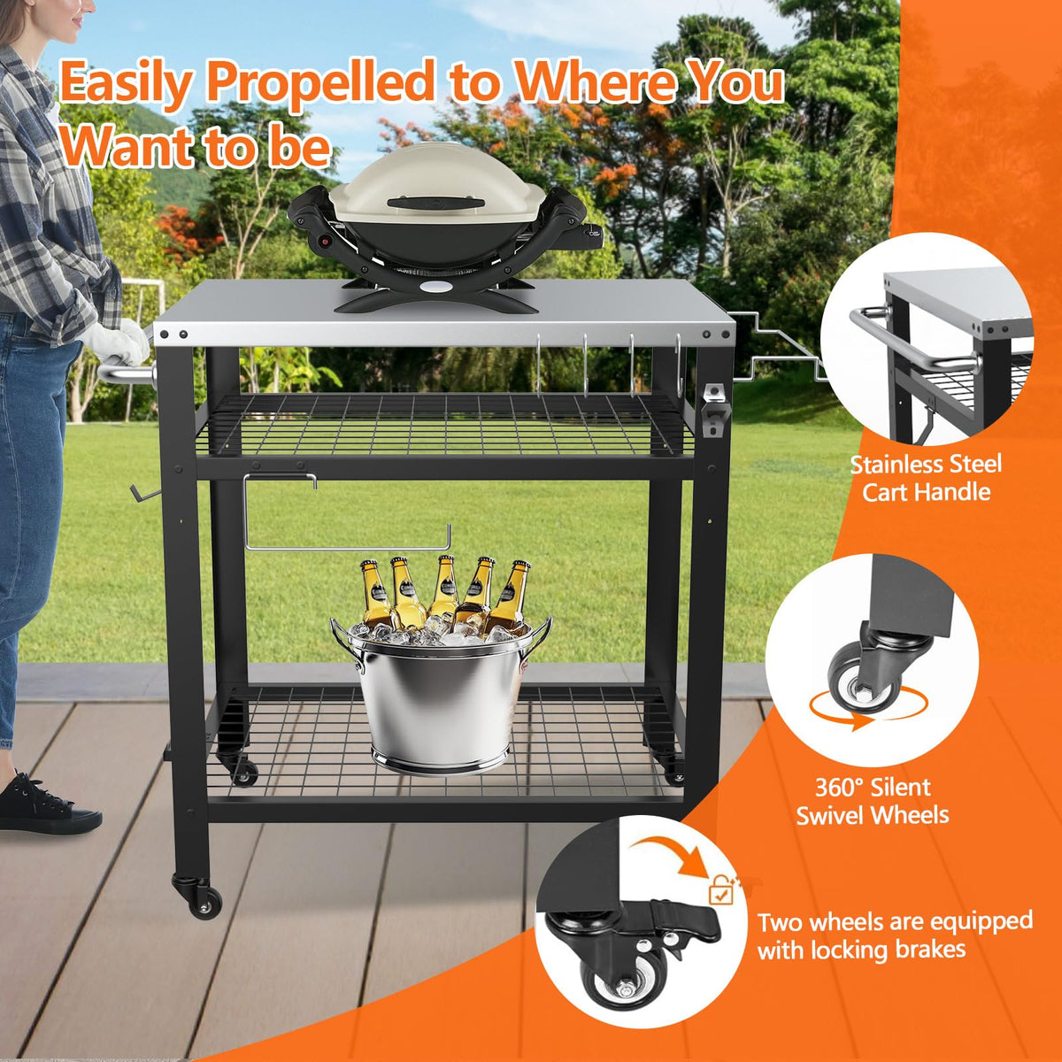 M METERXITY movable pizza cart handles and wheels allow flexible placement.