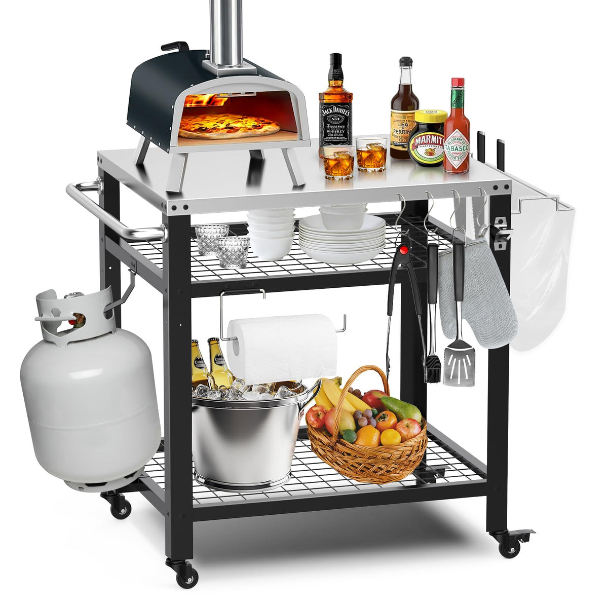 M METERXITY pizza oven table for Ooni with wheels provides portable outdoor prep space.