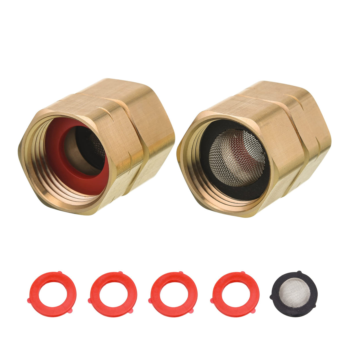 MMINGLE brass garden hose adapter 2-pack with dual swivel for leak-free connections.