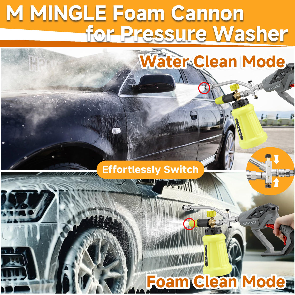M MINGLE foam cannon with 1-liter capacity delivering thick consistent foam