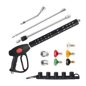 M MINGLE high pressure washer gun with angled rod reaches tight corners and crevices.