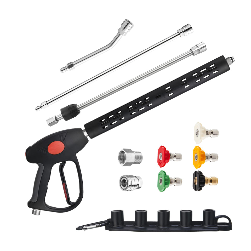 M MINGLE high pressure washer gun with angled rod reaches tight corners and crevices.