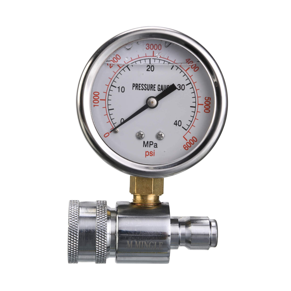 M MINGLE gauge dial close-up showing up to 6000 PSI for precise readings.