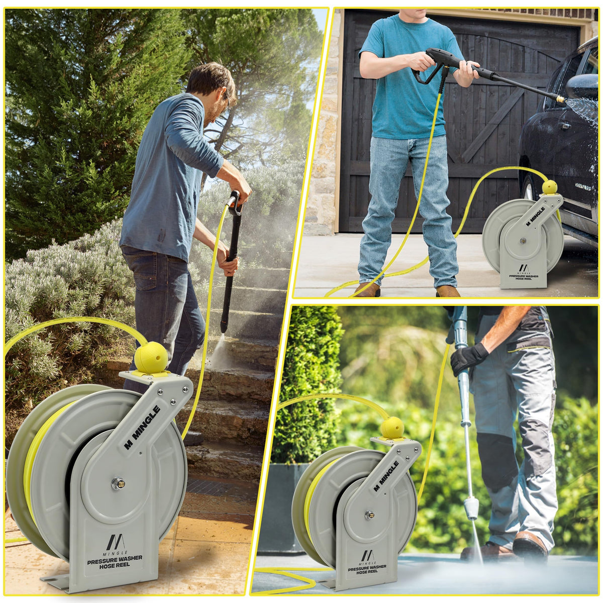 MMINGLE compact reel design fits wall and floor setups.