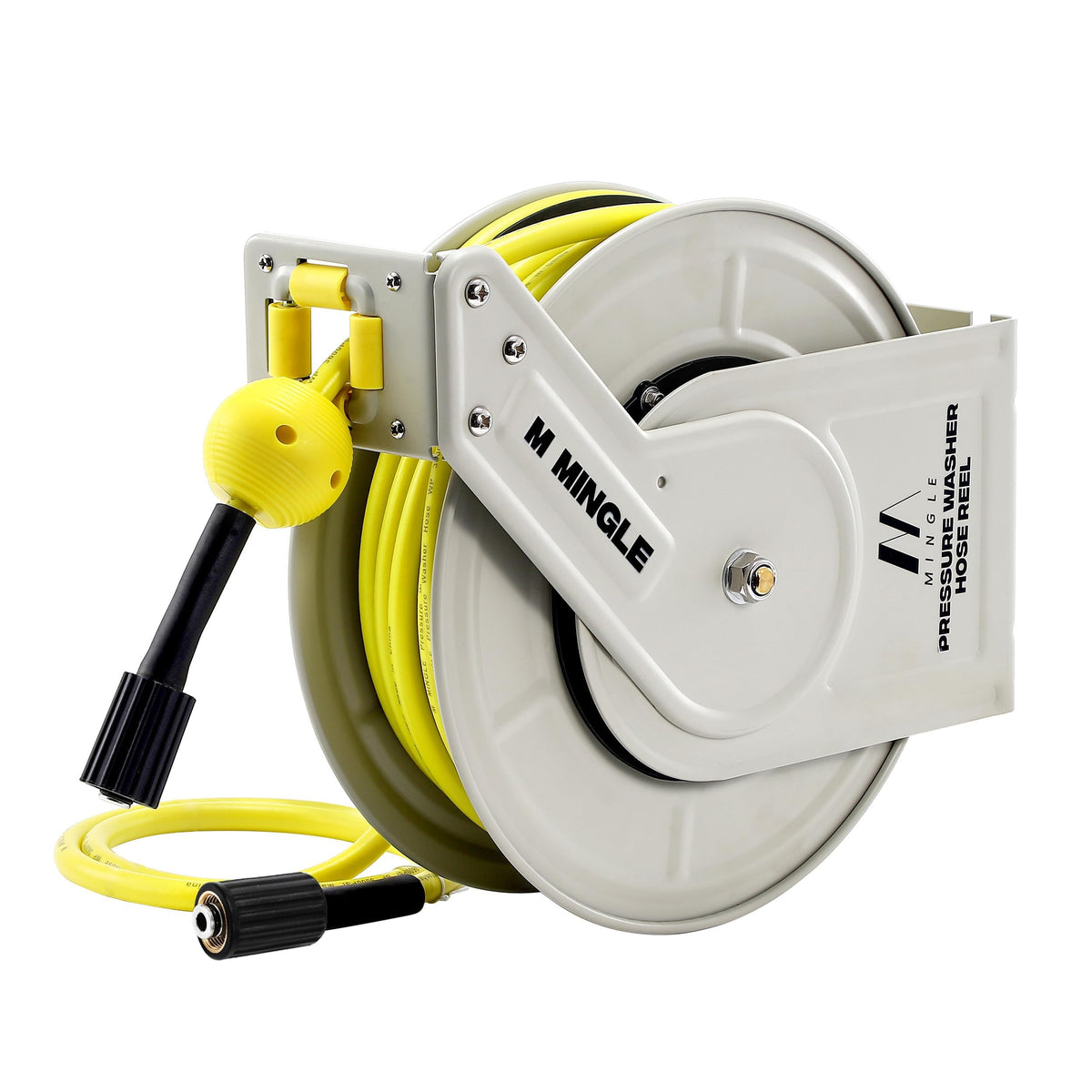 MMINGLE retractable hose reel front view with 60 ft hose for easy reach.