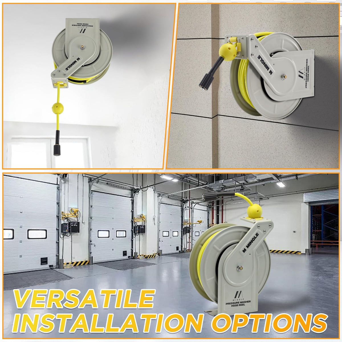 MMINGLE hose reel mounted on the wall saves space during cleaning tasks.