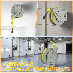 MMINGLE hose reel mounted on the wall saves space during cleaning tasks.