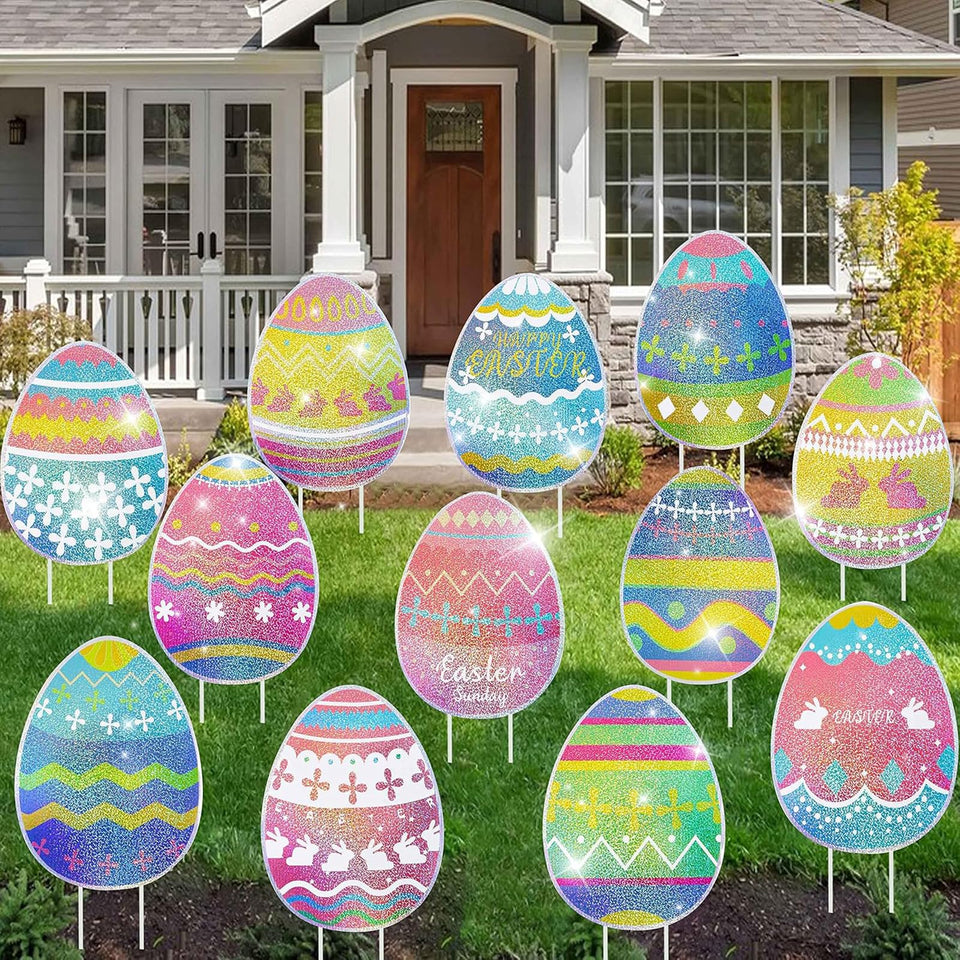 MNKXL glitter Easter egg signs with laser patterns for a festive yard.