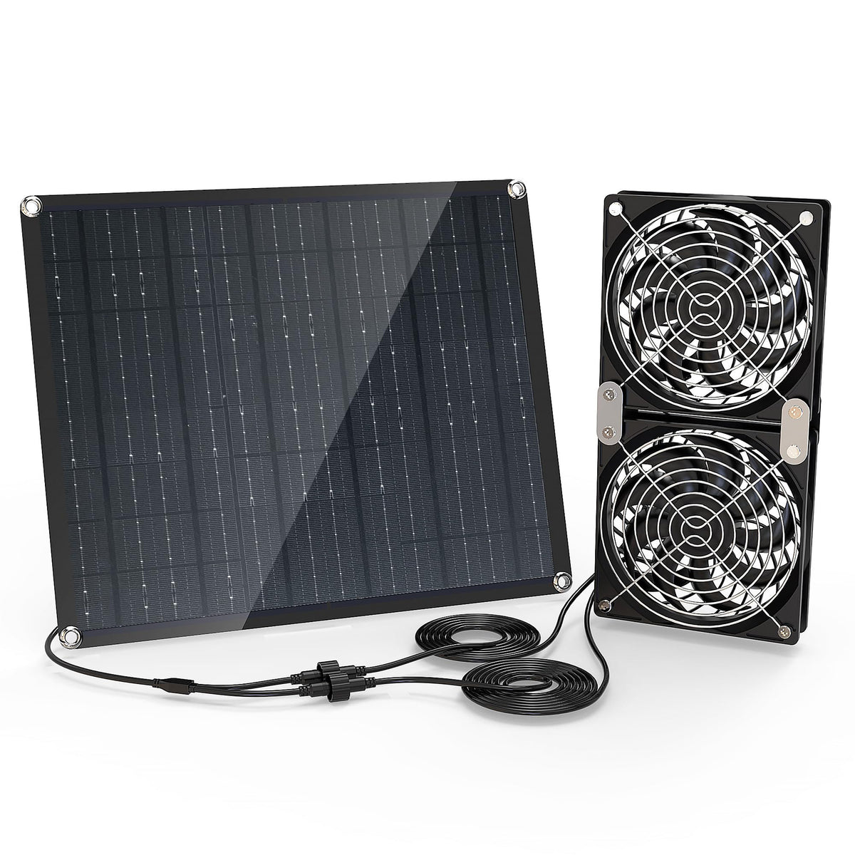 Moajerry solar panel fan kit front view, weatherproof for outdoor use.