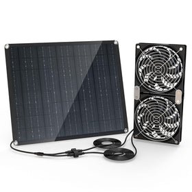 Moajerry solar panel fan kit front view, weatherproof for outdoor use.