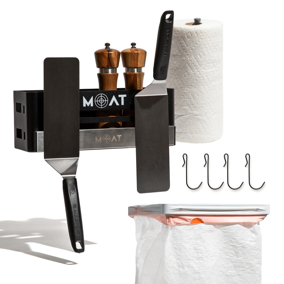 MOAT Magnetic Grill Caddy on outdoor setup keeps tools within arm's reach for quick grilling.
