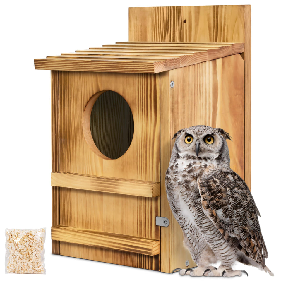 MOBYKE Screech Owl House front view with circular opening ready for nesting