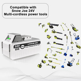 Moccdor 24V replacement battery installed in a Snow Joe tool for extended runtime.