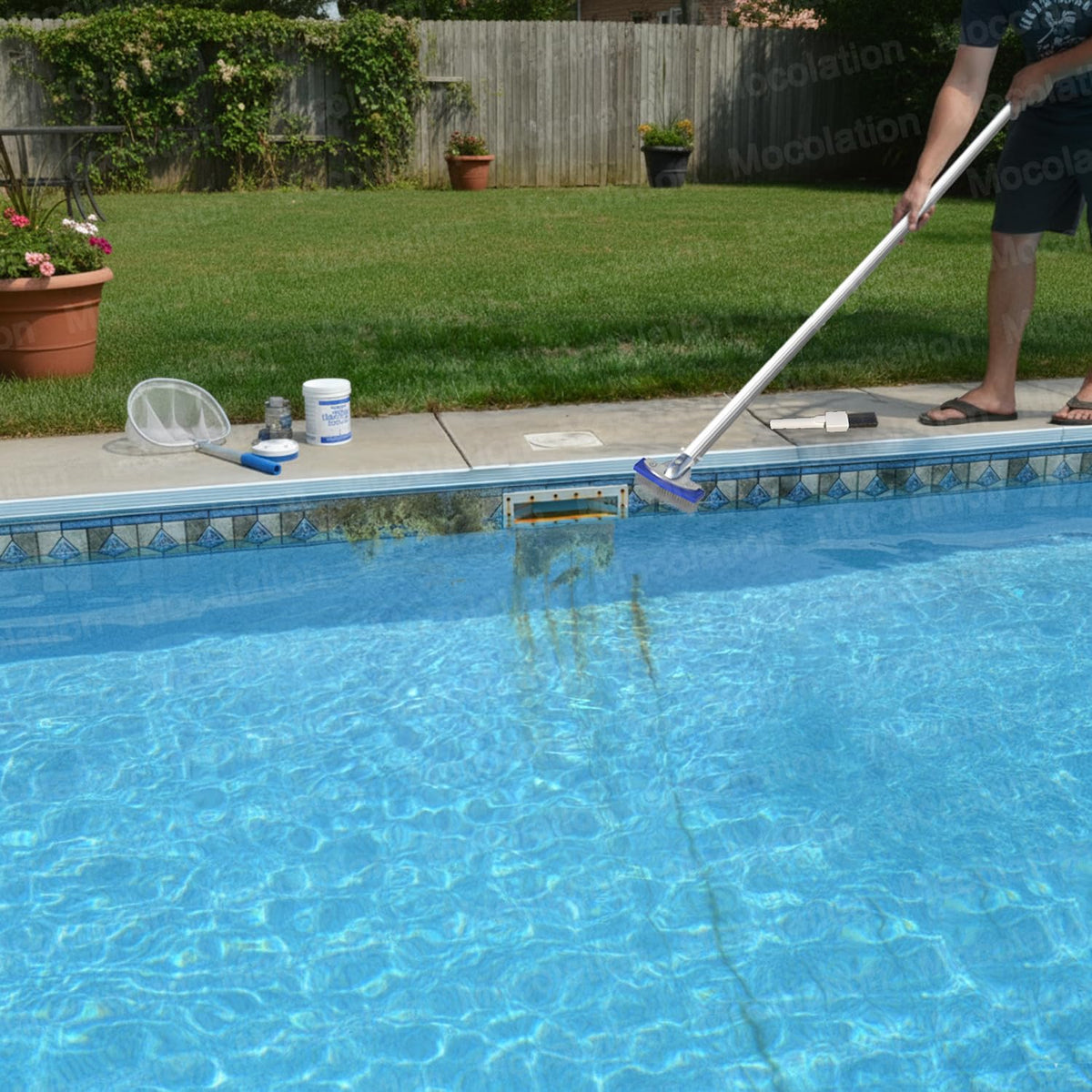 Mocolation pool brush on concrete surface showing safe scrubbing.