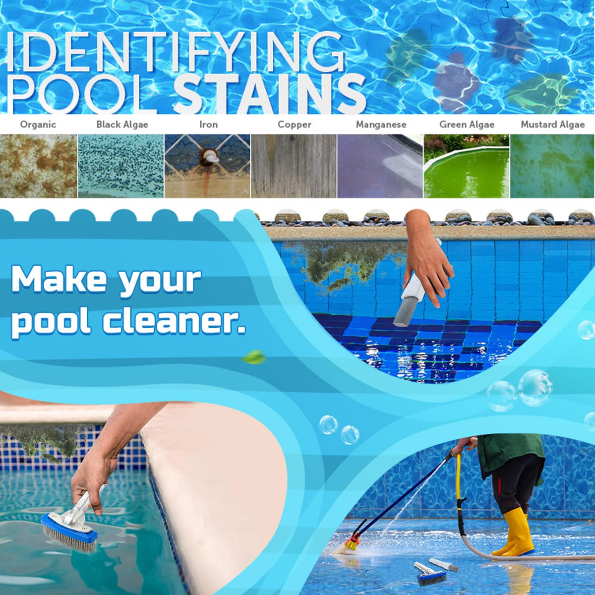 Mocolation pool surface cleaning after brushing shows improved clarity.