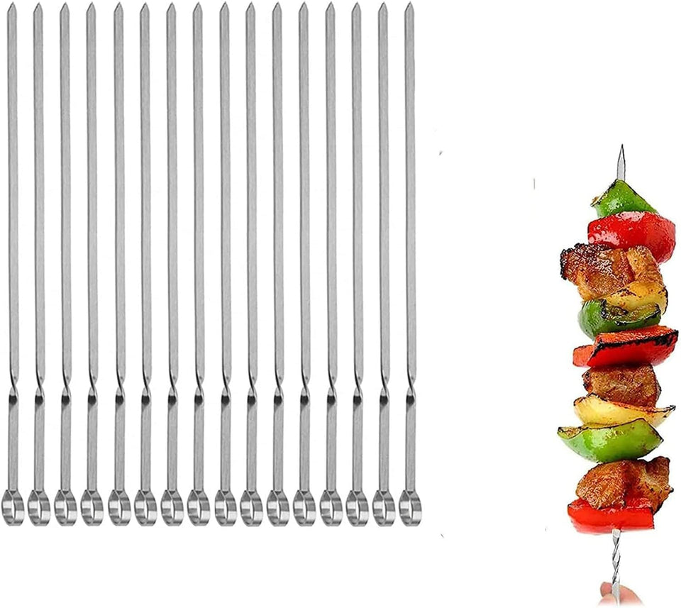 MOCUMEI flat-blade skewers with angled tips for steady kabob flipping on the grill.