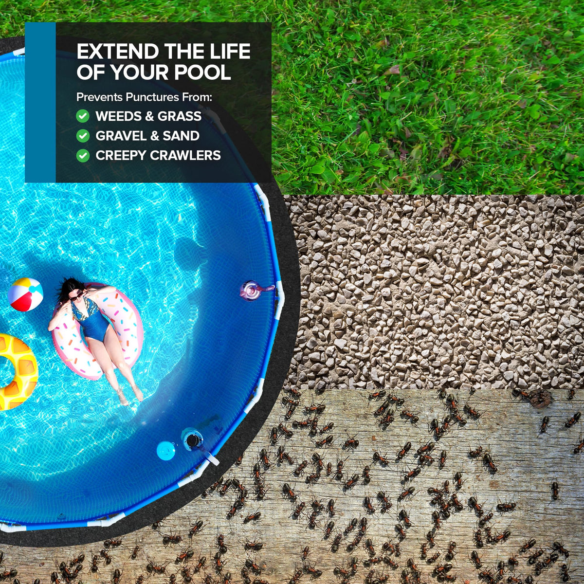 Modern Innovations pre-cut easy-install pad simplifies setup for round pools and other shapes.
