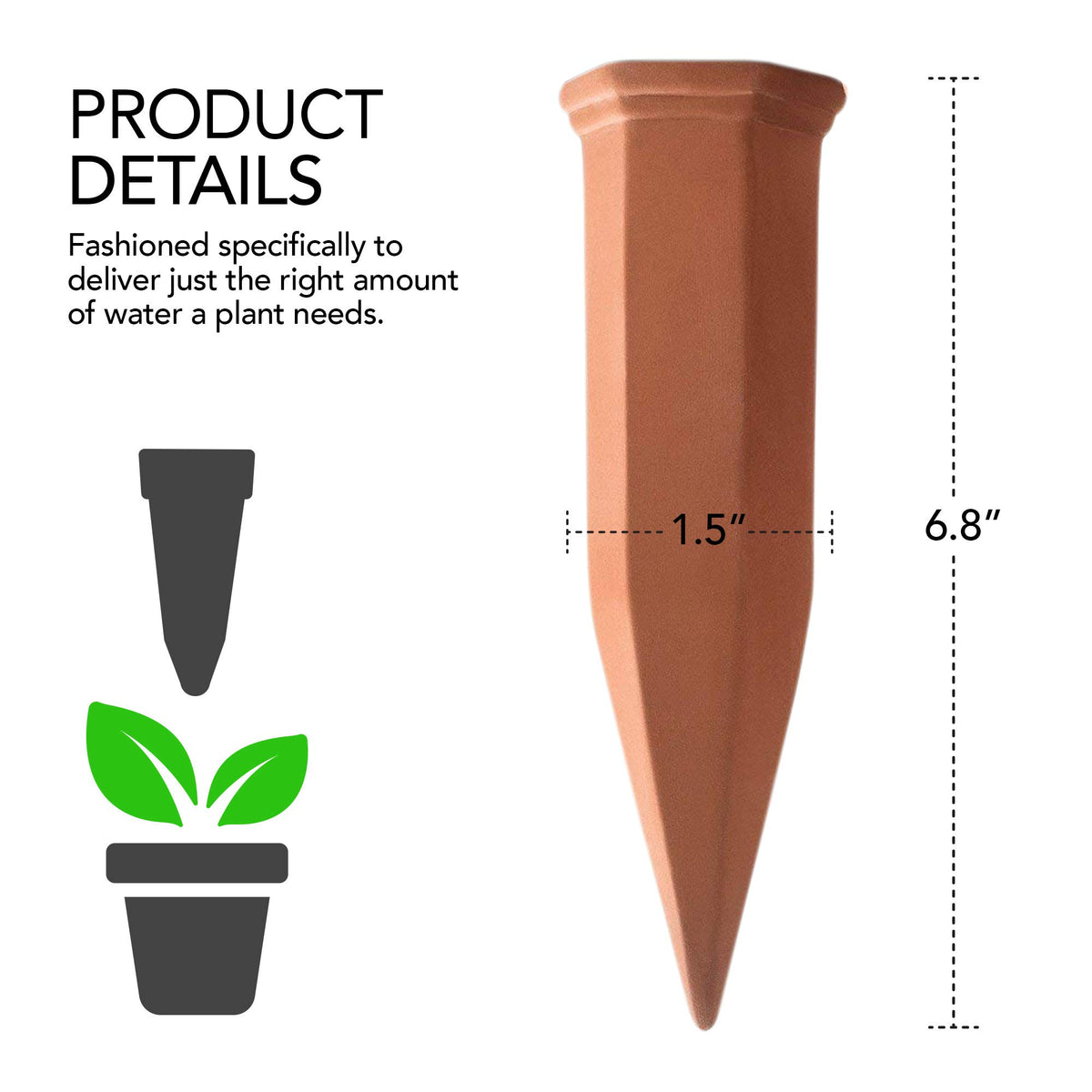 Closeup of terracotta stake showing porous design for controlled watering