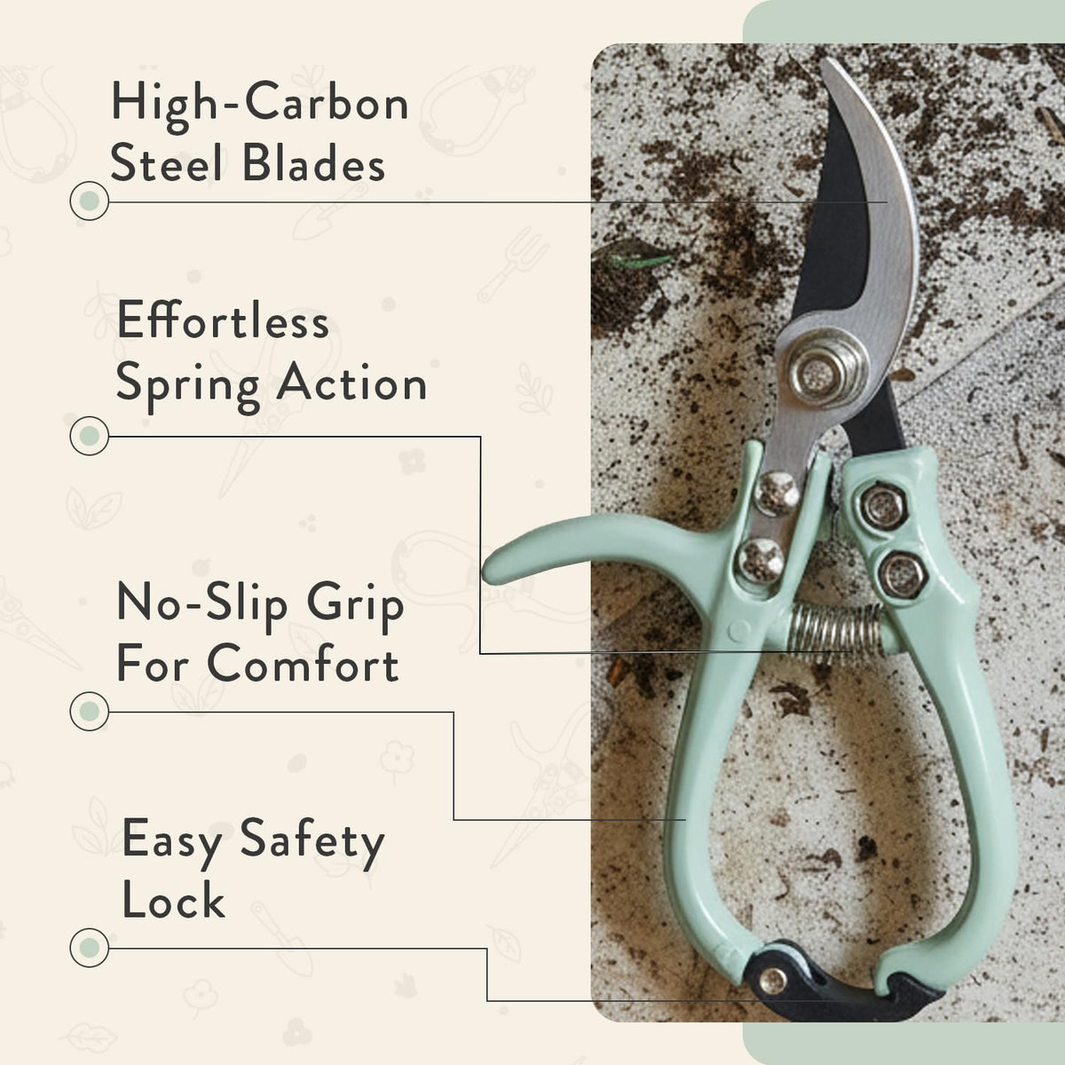 Modern Sprout safety latch keeps blades closed when not in use.