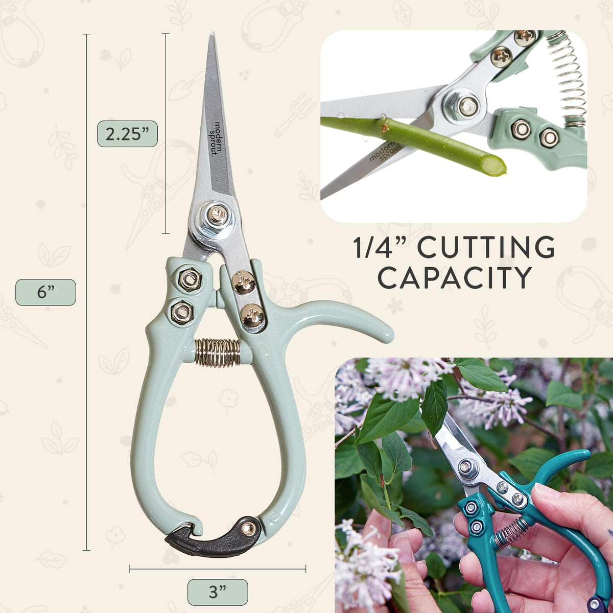 Modern Sprout Pruning Shears in action trimming herbs indoors.