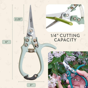 Modern Sprout Pruning Shears in action trimming herbs indoors.