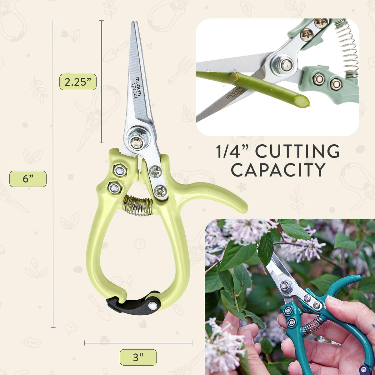Modern Sprout ergonomic handle reduces hand fatigue during trimming.