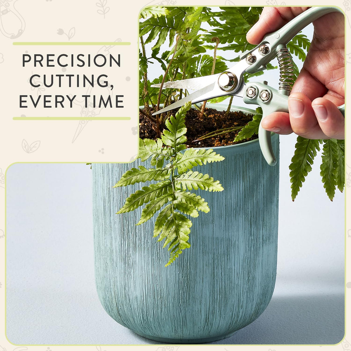 Modern Sprout needle-nose blade precision cuts fine stems like basil.