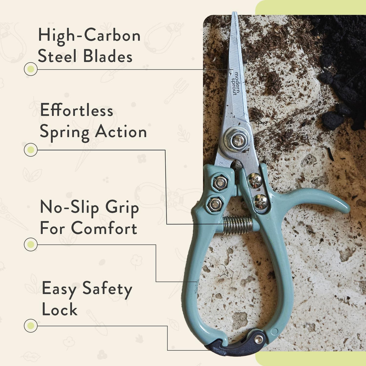 Modern Sprout pruning shears safety latch locked for safe storage.