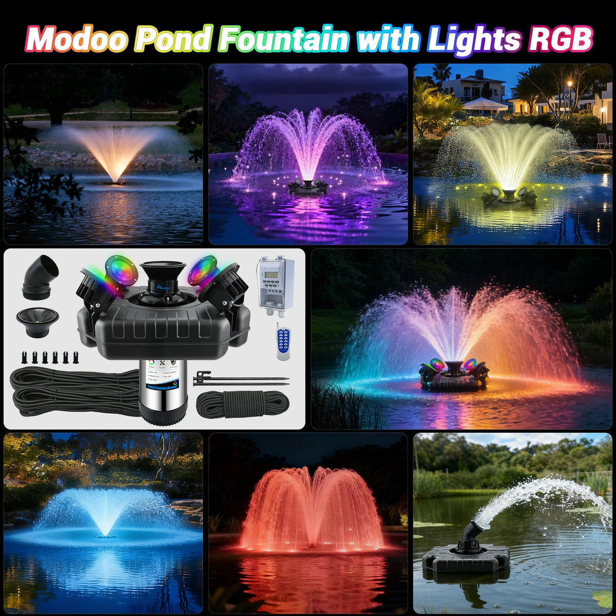 Modoo floating fountain pump assembly shown for easy installation and flexible positioning