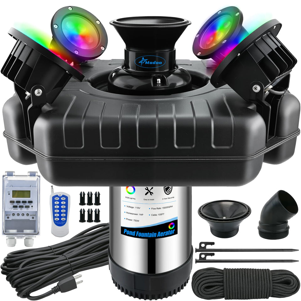 Modoo pond fountain with dynamic RGB lights for vibrant night display and aeration