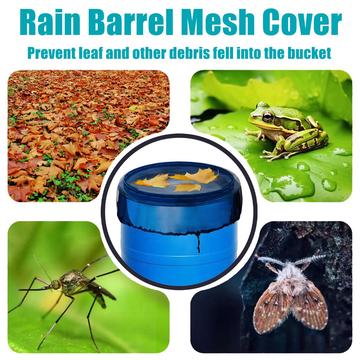 MODOSON rain barrel mesh cover adjustable drawstring secures lid in windy conditions.