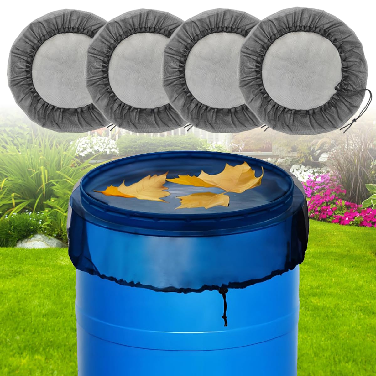 MODOSON rain barrel mesh cover top view; keeps debris out and water clean.